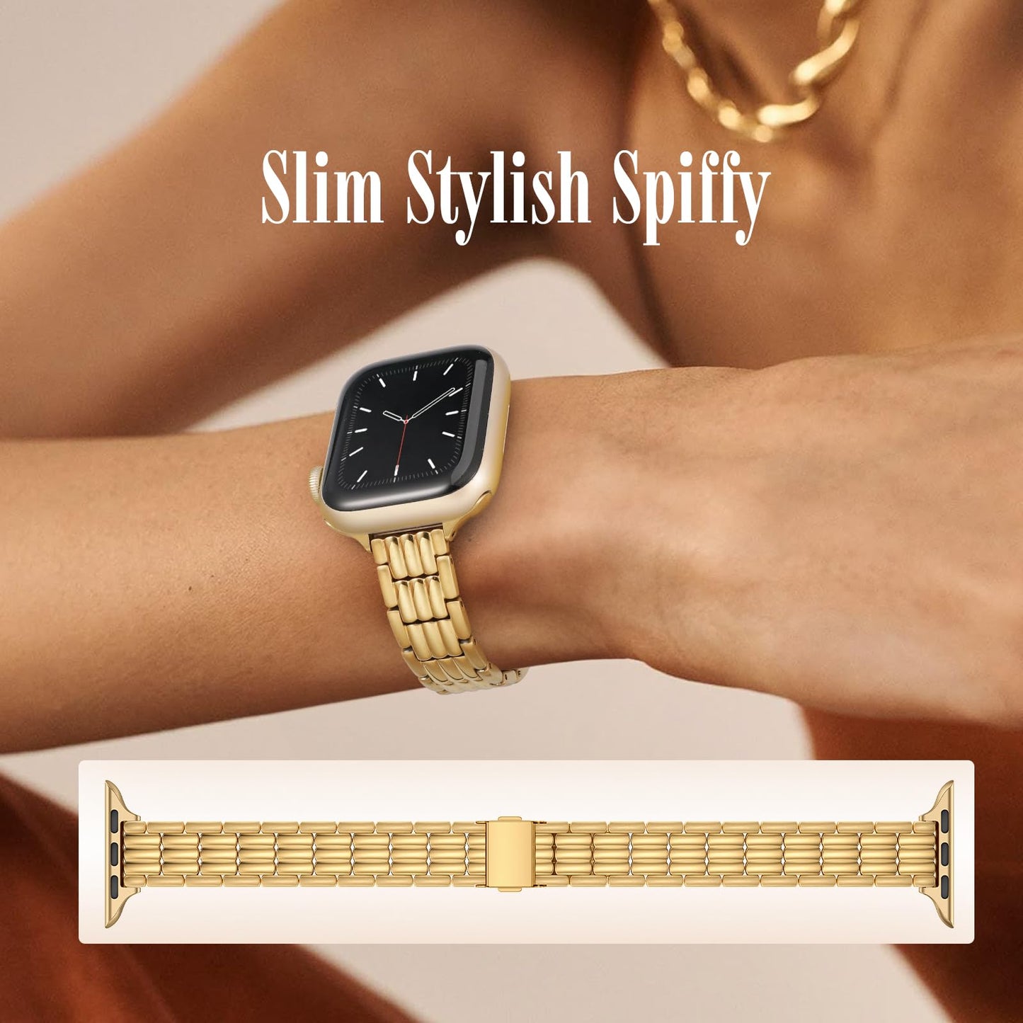 Wearlizer Slim Metal Band Compatible with Apple Watch Bands 41/40/38/42mm Women, Dressy Thin Stainless Steel Strap Silver Link Bracelet for iWatch Series 11 10 9 8 7 6 5 4 3 2 1 SE Gold