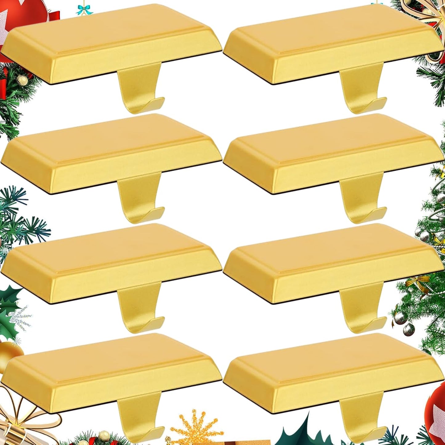 Oleitodh 8 Pack Metal Gold Christmas Stocking Holders for Mantle Heavy Duty Stocking Hangers Stocking Hook Christmas Ornaments for Counter Tables Window Fireplace Mantle Decoration