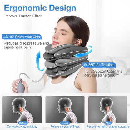 WellSync Inflatable & Adjustable Neck Traction Device with Neck Brace,Portable Cervical Traction Device for Instant Neck Pain Relief,Perfect for Home,Office,and Travel(Gray)