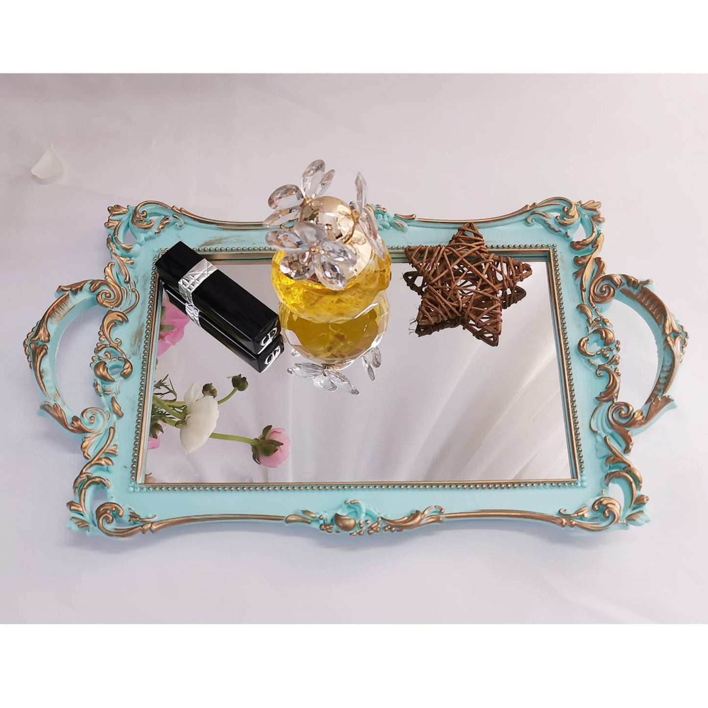 Yamfurga Small Rectangle Decorative Mirror Tray, French Style, Makeup Organizer, Jewelry Organizer, Serving Tray, 13"x 7.8", Golden Blue