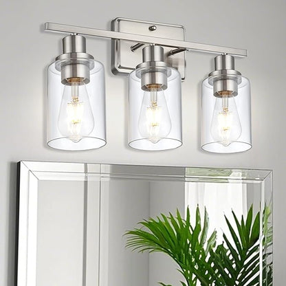 Bathroom Vanity Light,3-Light Brushed Nickel Vanity Light, Modern Matte Black Wall Sconce Lighting with Clear Glass Shade,Wall Mounted Lamps for Mirror Bedroom,Living Room