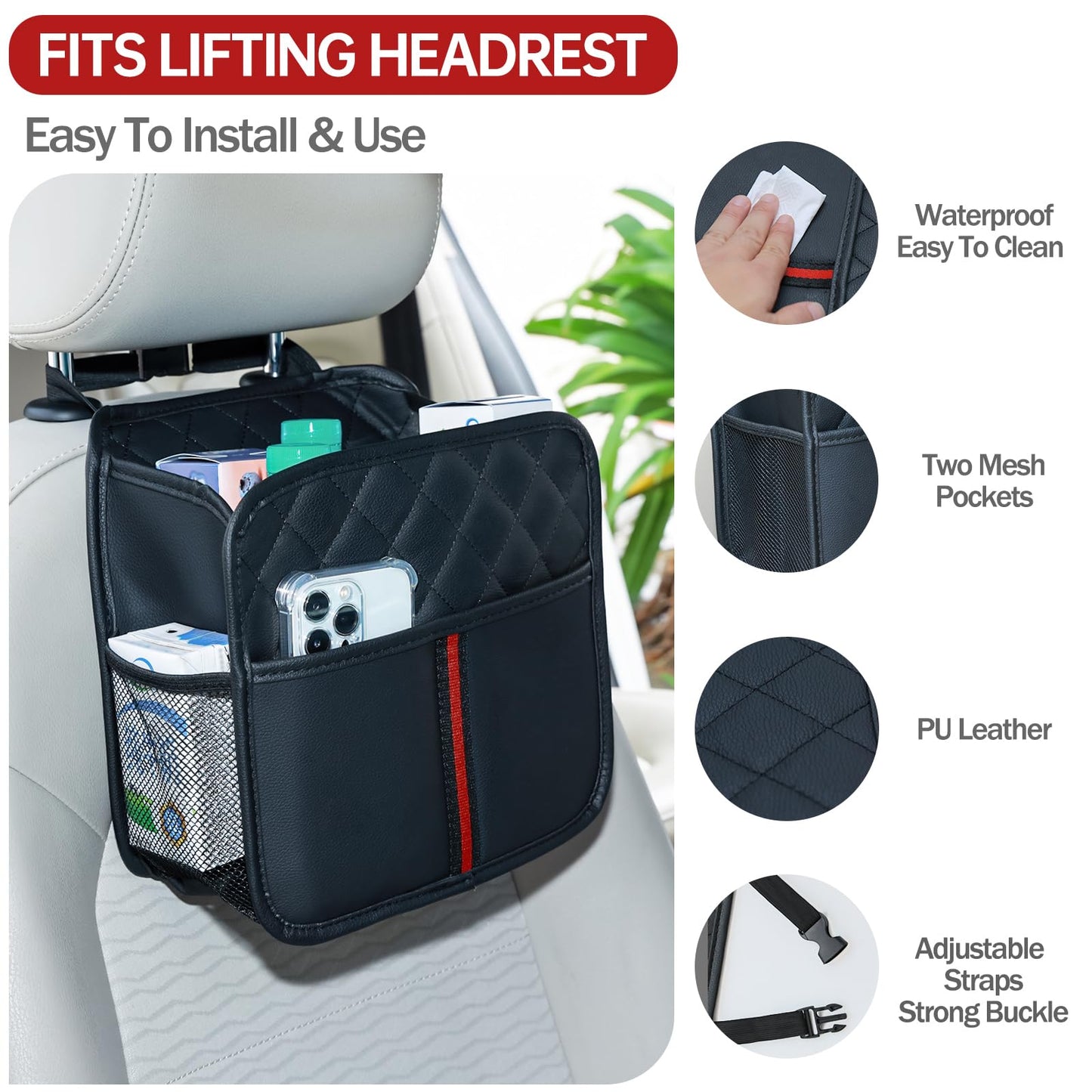JHLGRE Car Seat Back Organizer, 1 Pack Multifunctional car organizers and storage with Cup Holders, Car Trash Can, Back of Seat Car Organizer for Kids & Adults, Universal for Most Cars, Black