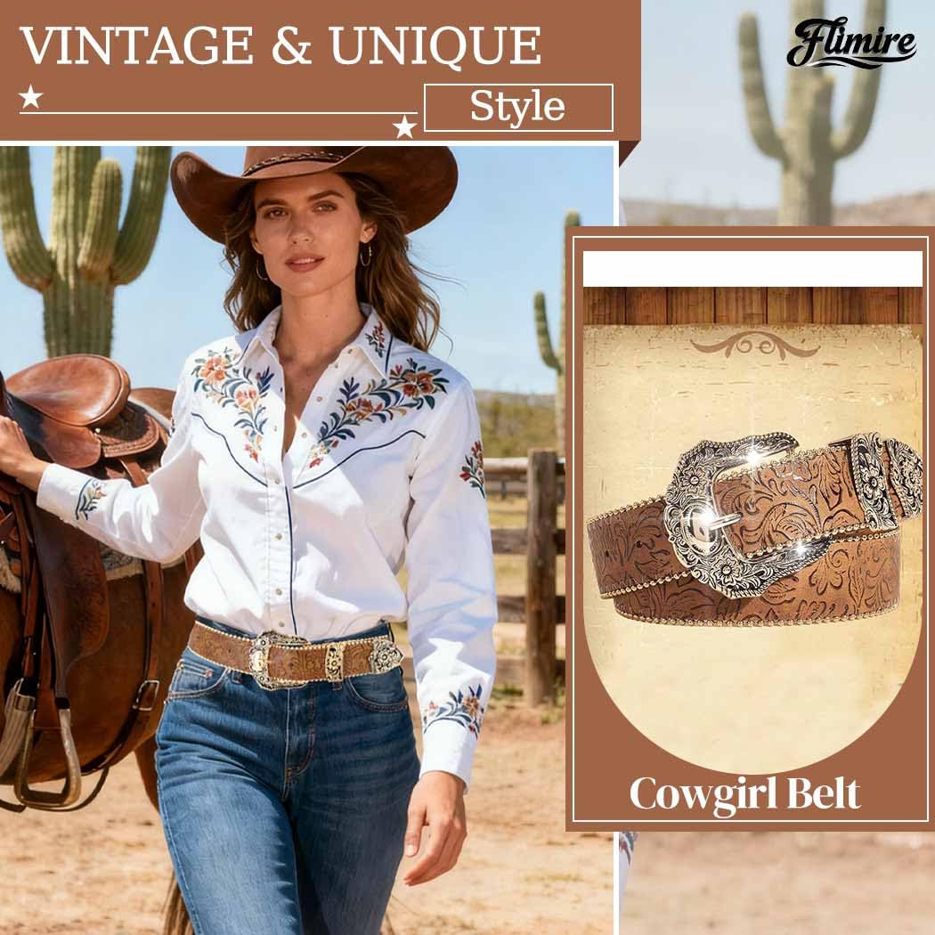Flimire Western Belt for Women Cowgirl Country Leather Belt (Fit for Waist Size:31''-39'')