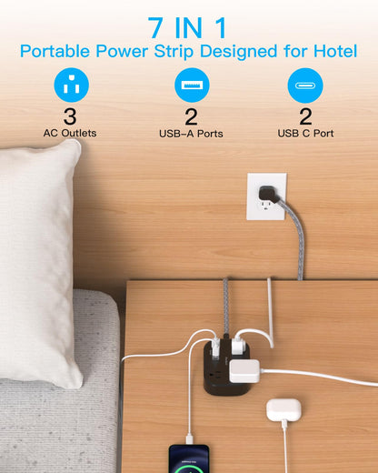 Cruise Essentials 2025,One Beat Travel Power Strip with USB C,Flat Plug Extension Cord with 3 Outlets 4 USB Ports(2 USB C),5 ft Desk Wall Outlet Extender,Non Surge Protector for Cruise,Dorm Room,ETL