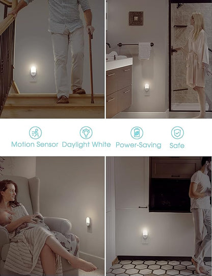 L LOHAS LED Motion Sensor Night Light Plug in, Motion Activated Night Light, 5000K Daylight White, Night Light Plug Into Wall, Adjustable Brightness, Night Light for Bathroom, Kids, Hallway, 4 Pack