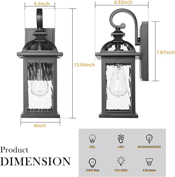 Darkaway Outdoor Lights Fixture Wall Mount, Exterior Wall Light with Water Ripple Glass Waterproof Black Outside Wall Sconce for House Porch Hallway Garage