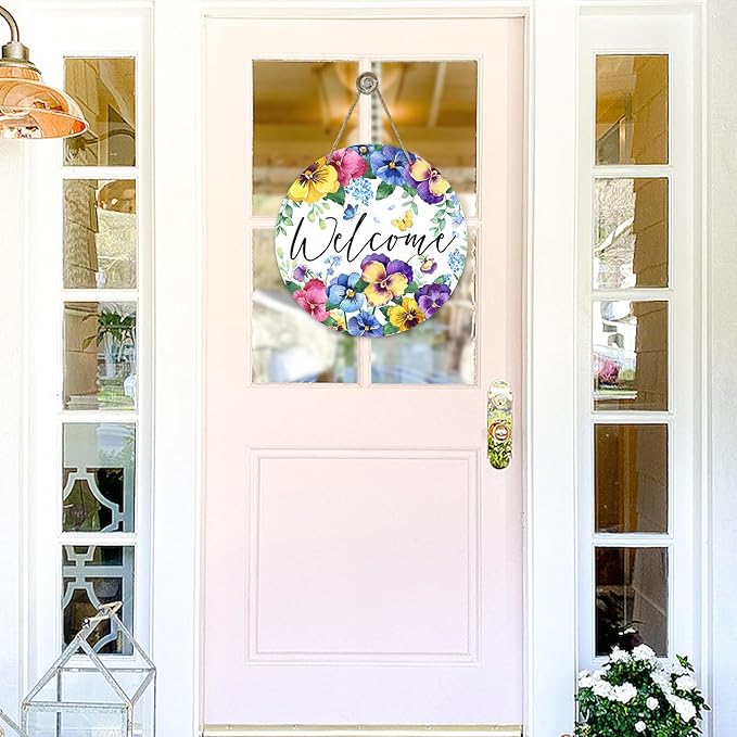 Welcome Spring Summer Floral Flowers Front Door Sign, Pansy Forget Me Not Wood Door Hanger Outdoor Outside Porch Decor, Butterfly Seasonal Wooden Wreath Indoor Wall Hanging Decoration