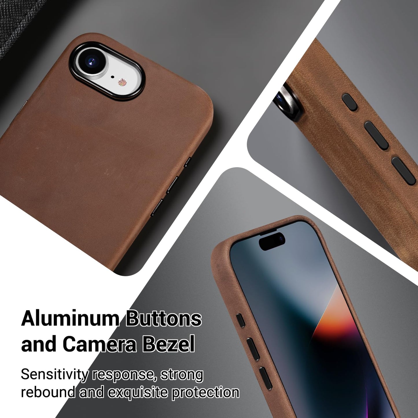 Belemay Handcrafted Crazy Horse Leather Case for iPhone 17e / iPhone 16e, Compatible with MagSafe, Vintage Aesthetic, Two-Tone Effect, Unique Patina, Metal Buttons Cover (6.1"), Vintage Brown