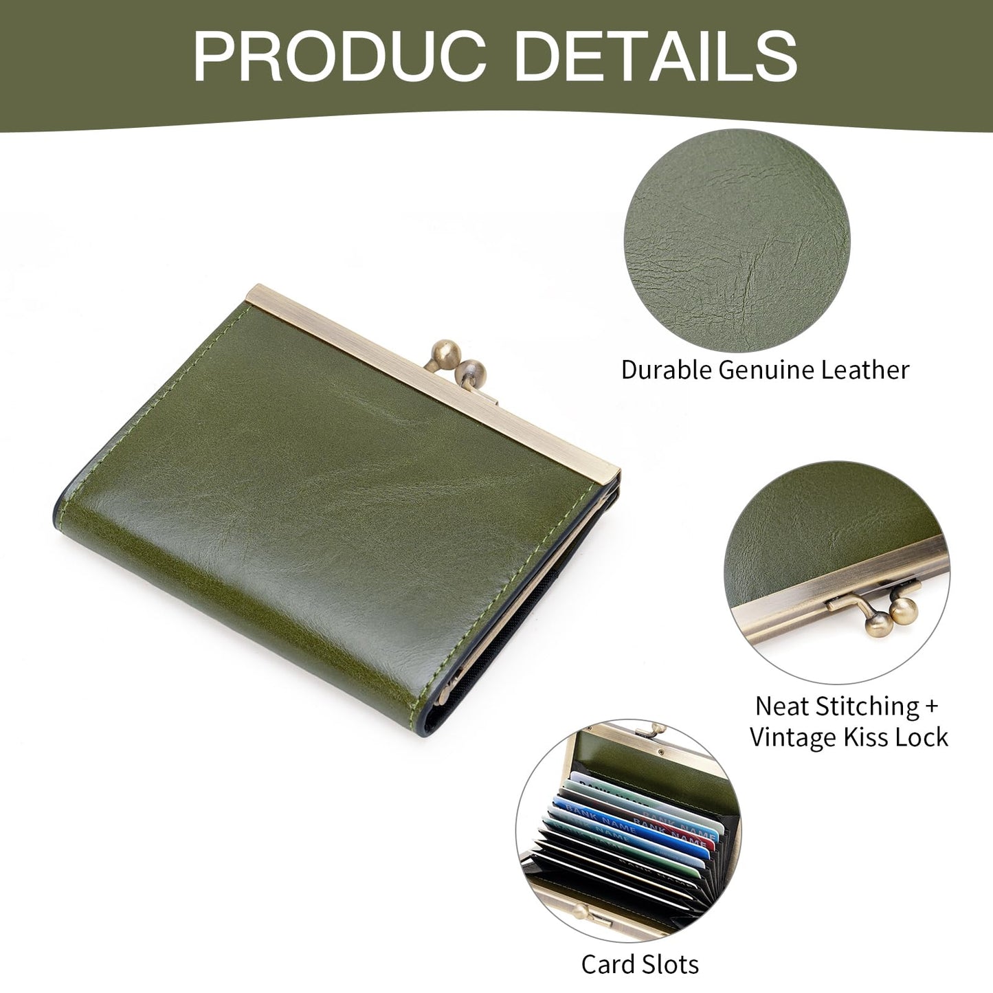 GOIACII Credit Card Holder Vintage Wallet for Women Genuine Leather Ladies Card Cases with Kiss Lock Small Green