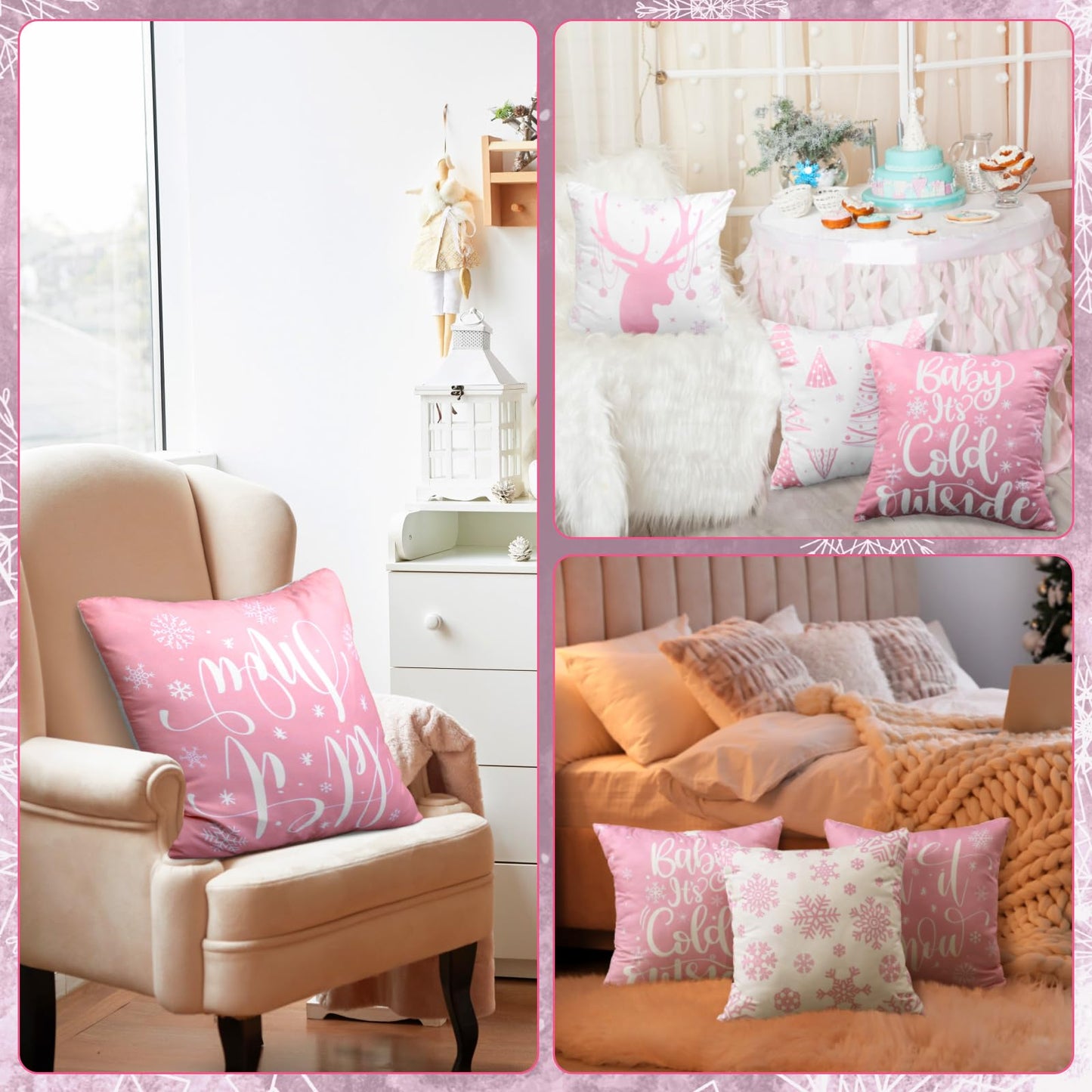 VitalCozy 6 Pcs 18 x 18 inch Christmas Throw Pillow Covers Xmas Cushion Covers Pillow Cases Snowflake Winter Throw Pillow Covers Christmas Decor for Bedroom Sofa Couch Cushion Square Home (Pink)