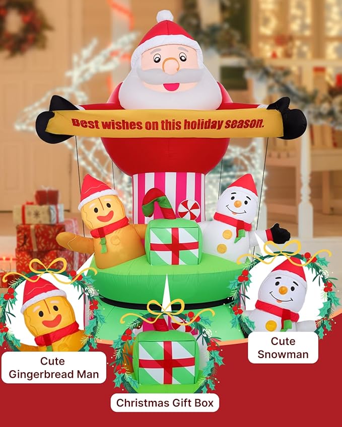 9FT Christmas Inflatables Outdoor Decorations,Blow Up Yard Decorations Santa Claus Snowman Gingerbread Man and Gift Bag,Built-in LED Lights for Garden Lawn Xmas Decor