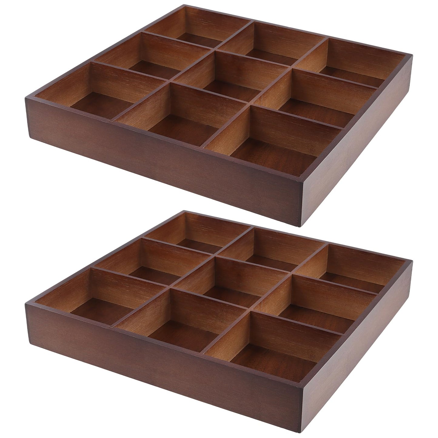 FUNSUEI 2 PCS Multi Compartment Wooden Tray, Divided Wooden Tray, Bamboo Serving Tray with 9 Sections, Wood Divided Snack Tray Storage Box for Appetizers, Jewelry, 12 x 12 x 1.85 Inch