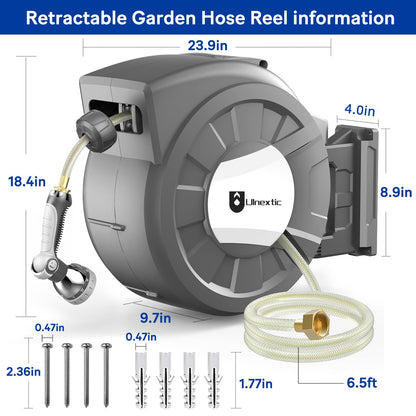 Retractable Garden Hose Reel, 1/2 in x 125 ft Wall Mounted Hose Reel, 10-Pattern Spray Nozzle, Any Length Lock/Slow Return System/Wall Mounted/180°Swivel Bracket