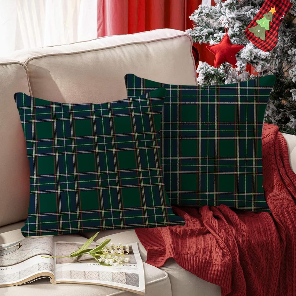 RABUSOFA Christmas Pillow Covers 18x18 Inch Set of 2 Indoor Outdoor Waterproof Scottish Tartan Plaid Classic Throw Decorative Cushion Cases for Christmas Decor Decorations Couch Patio Dark Green