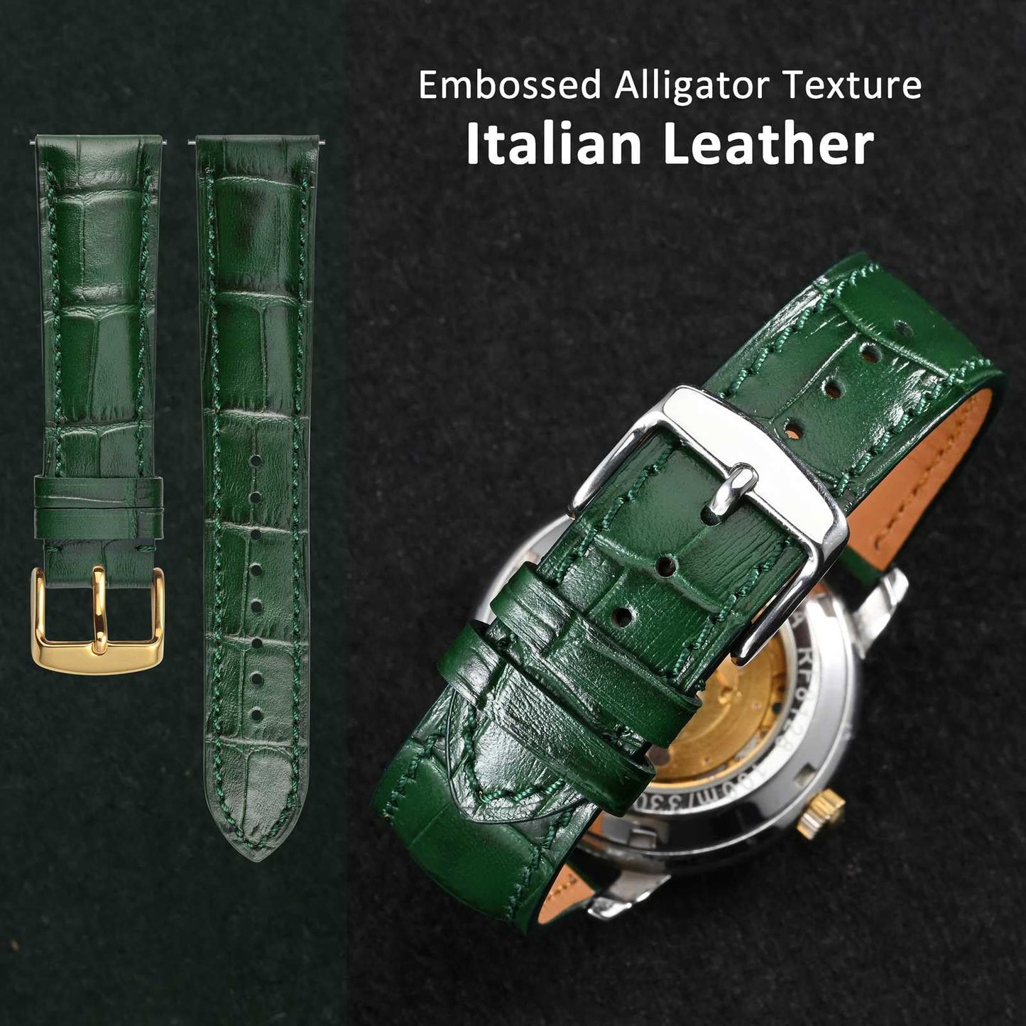 WOCCI 18mm Watch Band, Italian Leather, Embossed Alligator Grain, Gold Buckle (Dark Green)