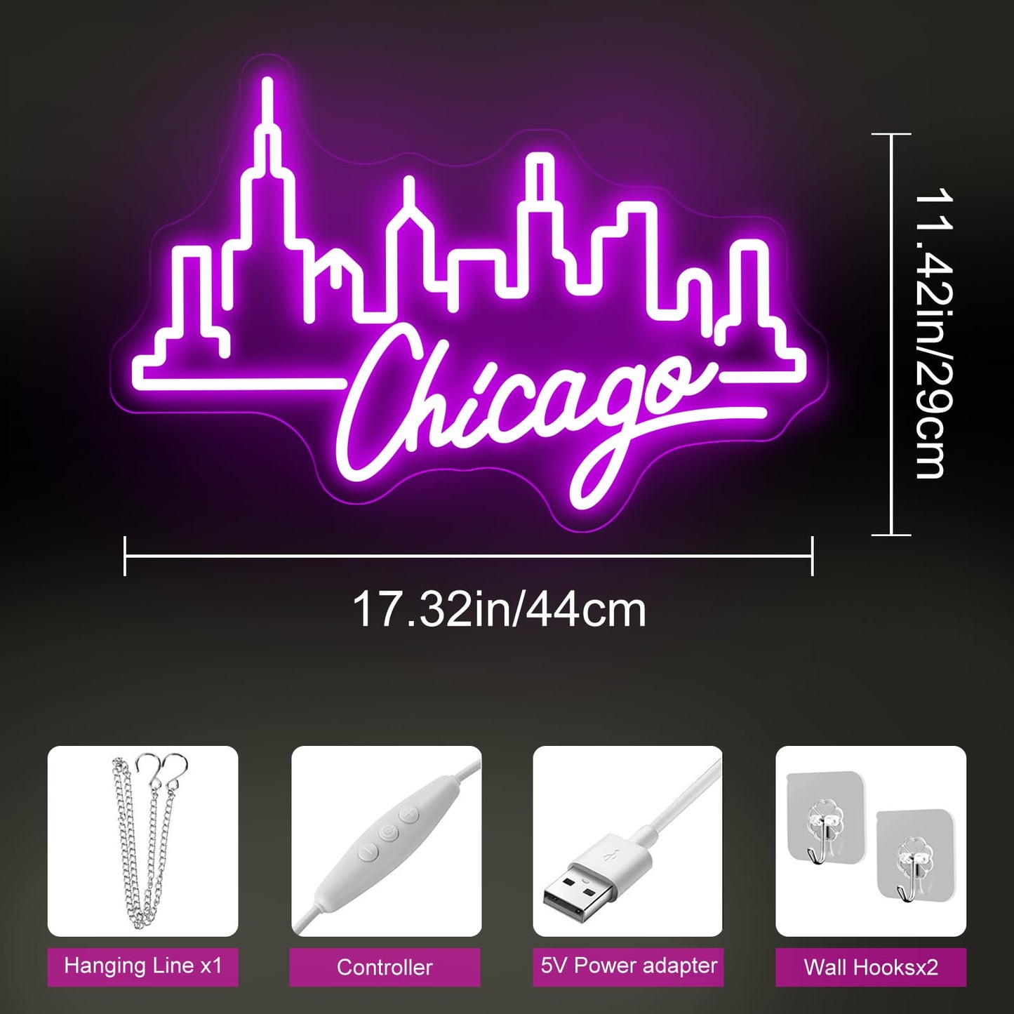 City Light Chicago Neon Sign, Skyline Neon Light, Home Wall Office Decor, Chicago City Led Sign, City Sign for Christmas Birthday Gifts Women Gift Bar Pub Store Club Garage Home Party-Purple-17.3"