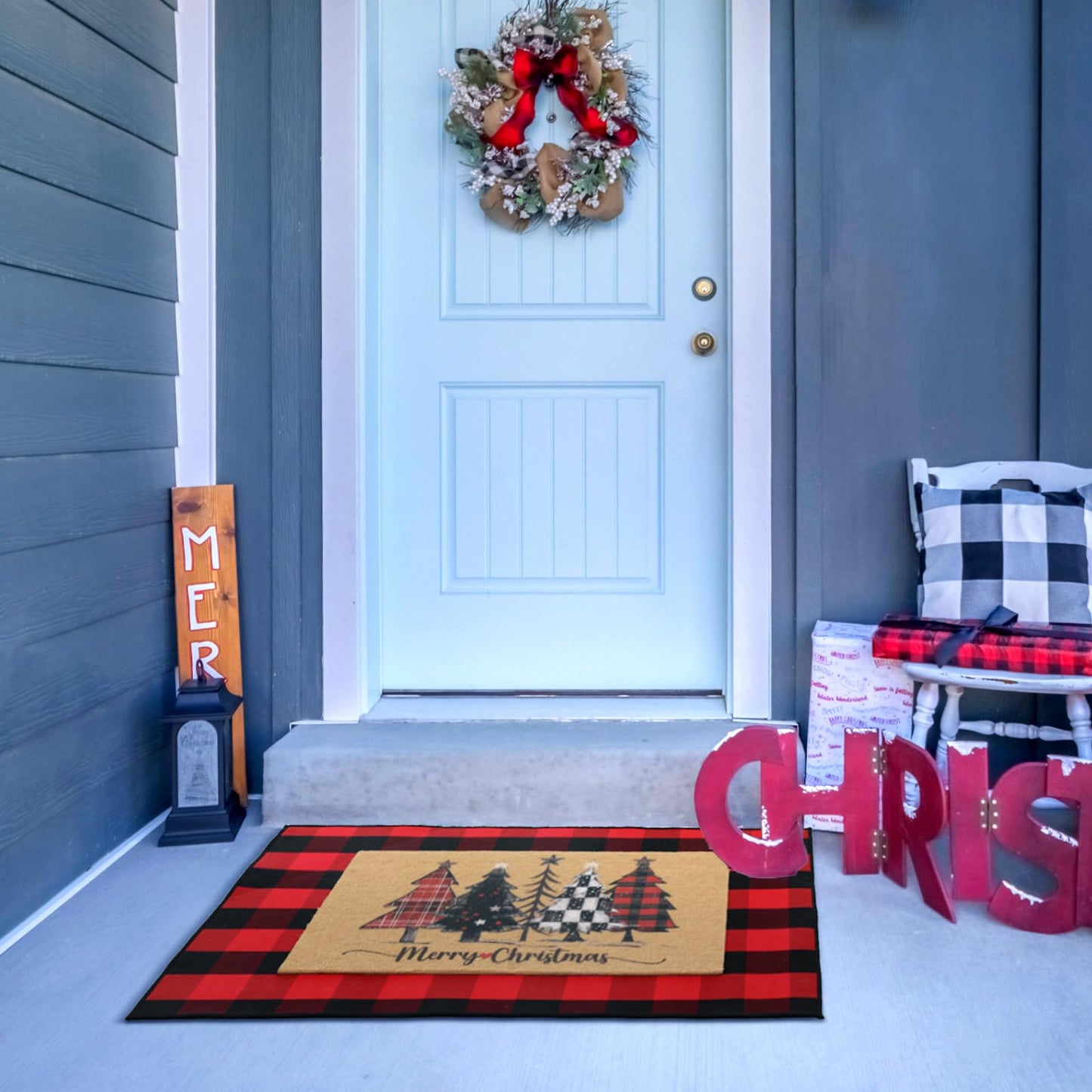 WinnerWhy 2 Pcs Christmas Front Porch Rug Buffalo Plaid Christmas Front Door Mats Imitation Coco Coir Xmas Welcome Layering Rugs for Outdoor Home Winter Festival Holiday Farmhouse Decor, 28 x 43 Inch