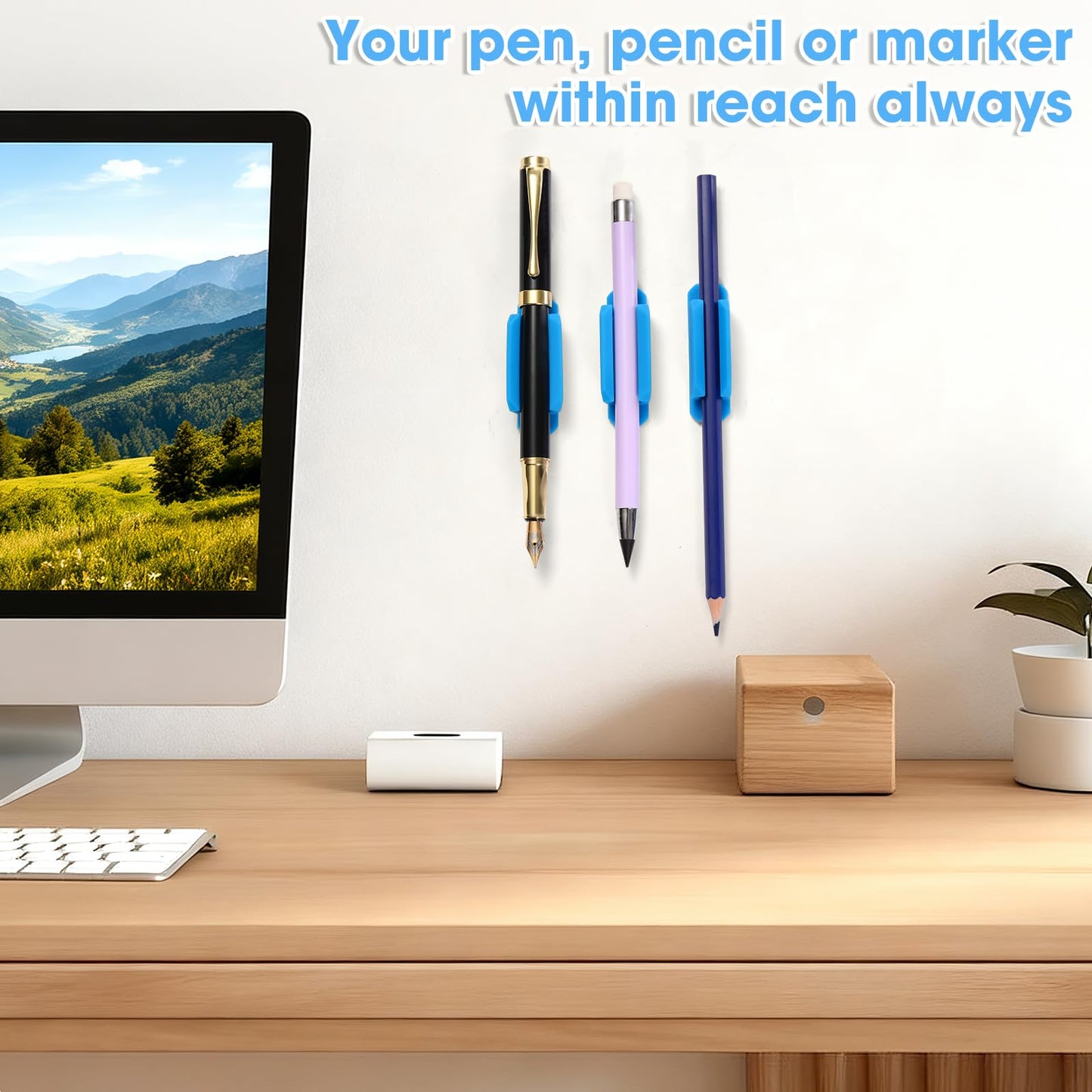 VZZNN Adhesive Pen Holders for Desk Set of 40 - Reusable Silicone Pencil Grips with Strong Sticky Pads, Flexible Pen Holder for Wall, Clipboard, Notebook, Office Essentials & Teacher Supplies (Blue)
