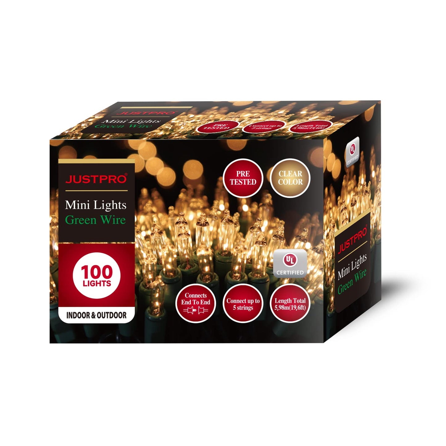 JUSTPRO 100LIGHTS WARM WHITE Extra-Bright With End Connectors Christmas Decorative Lights 5.98m UL Certified Mini String Light Set Waterproof for Home Garden Holiday Christmas Tree Party Patio Wedding