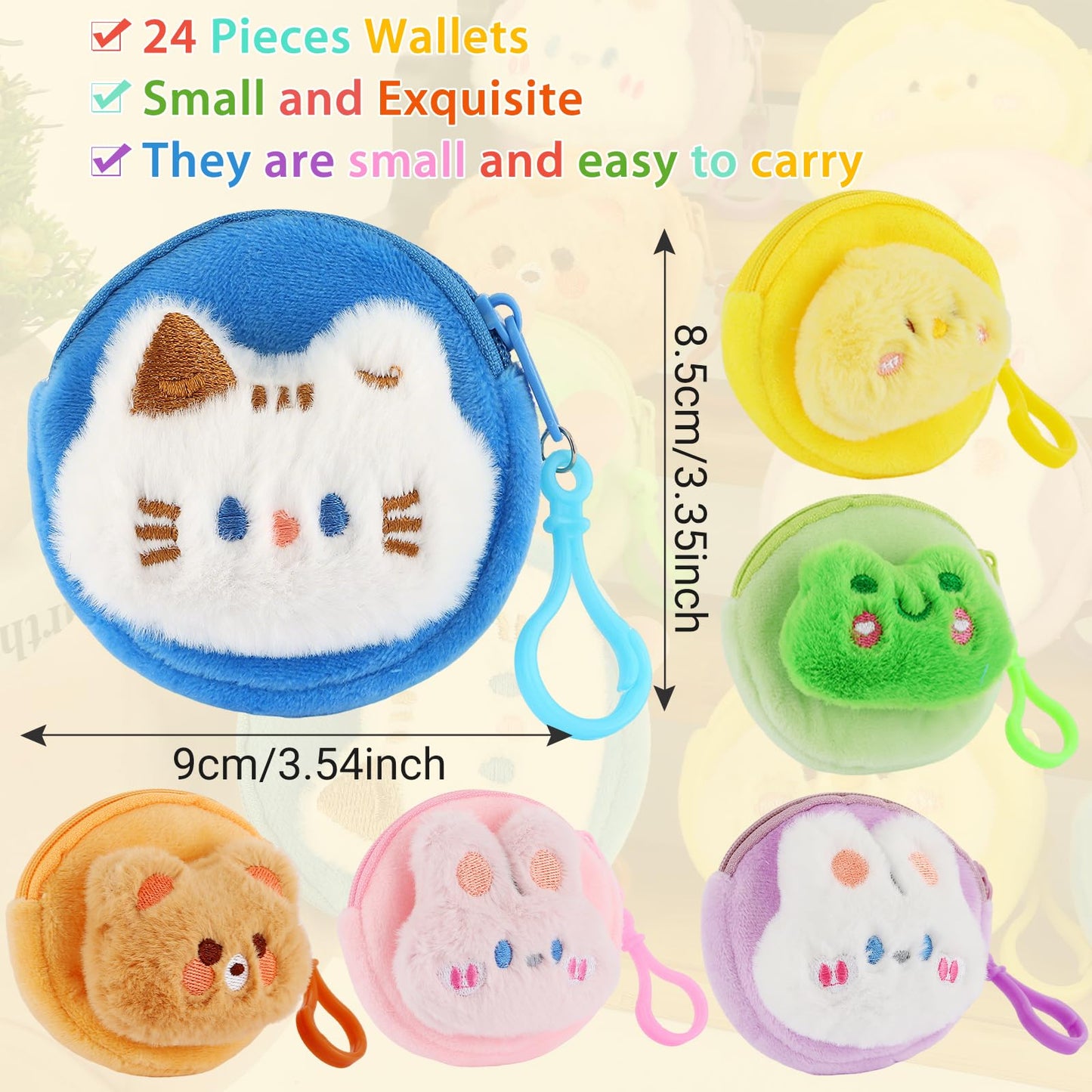 24 Pcs Cute Coin Purse for Women, Kawaii Plush Coin Pouch, Mini Wallet with Zipper Keychain, Small Change Purse for Women on Back to School Halloween Christmas Exchange Gifts