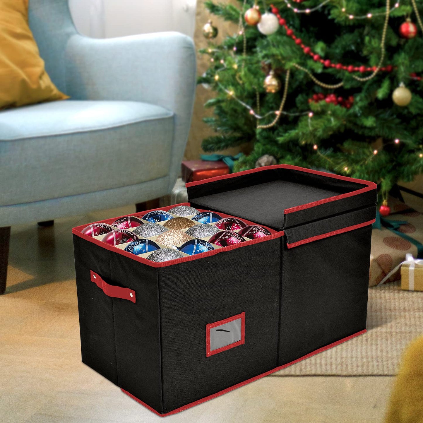 Holiday Cheer Premium Christmas Ornament Storage with 8 Tray – Christmas Storage Container with Dividers Perfect for Holiday Decorations– Fits 128 Holiday Ornaments – Tear-Proof Fabric