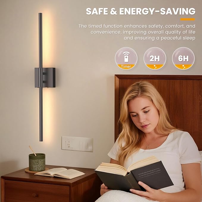 NIORSUN 28 Inch Battery Operated Wall Sconce Set of 2, Black Rechargeable Wall Lights with DIY Independently Rotatable Tube, 3CCT Dimmable Wireless Wall Sconces for Living Room Bedroom Hallway