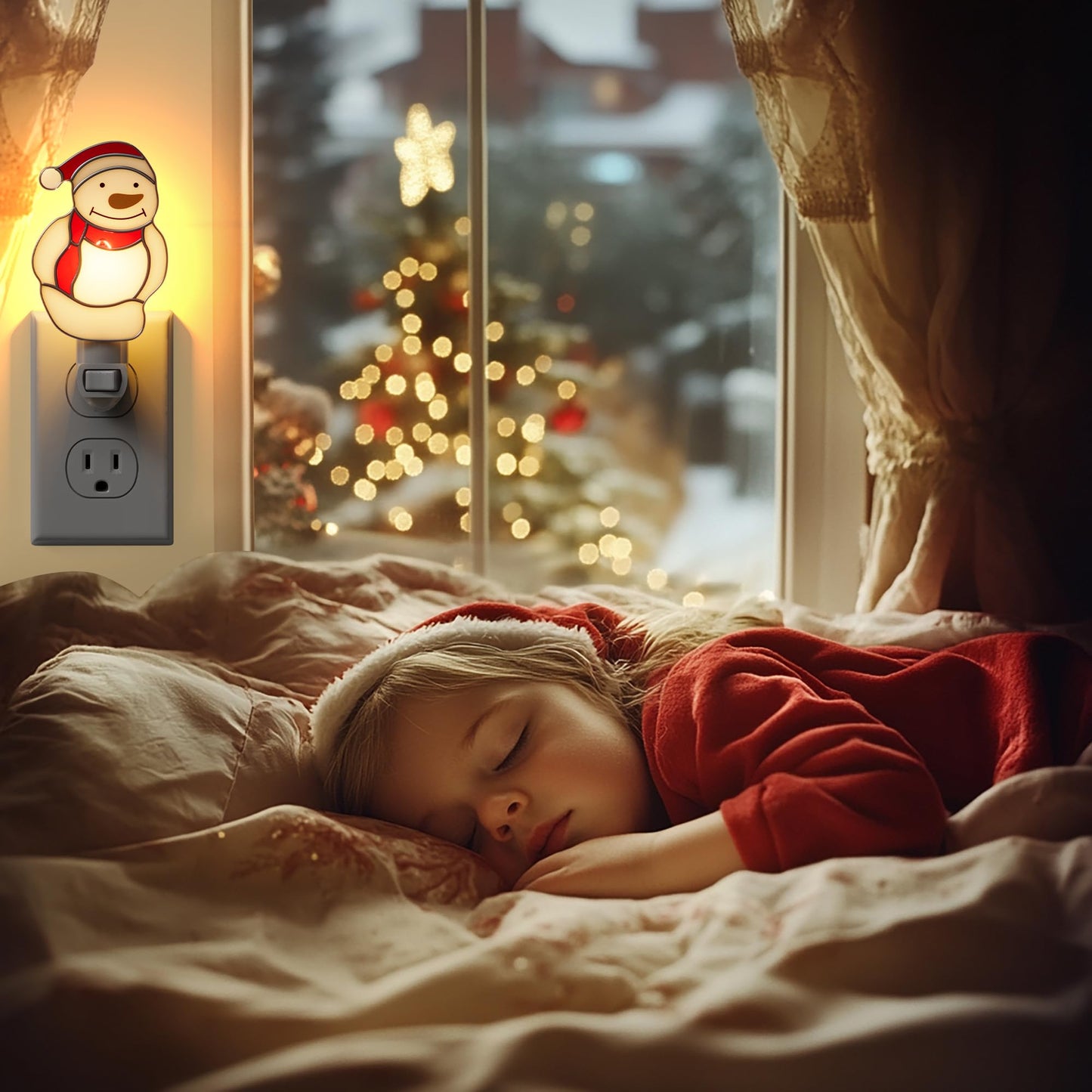 KUNDGLA Night Light Plug into Wall Stained Glass Christmas Snowmen Pretty Night Lights Plug in 7W Warm White Light Decorative Accent Nightlight Silver Chrome Nightlights Home Decor Gifts for Grandkids