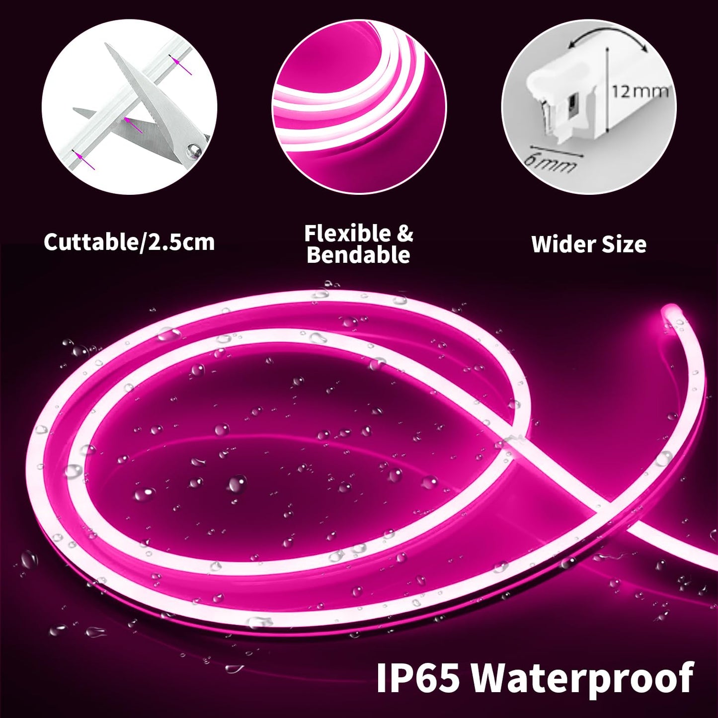 iNextStation 16.4FT/5M Pink LED Strip Lights, DC12V Silicone Neon Light Strip, IP65 Waterproof Led Rope Lights Dimmer for Cuttable DIY, LED Light Strip for Bedroom, Indoor, Outdoor(with Plug)