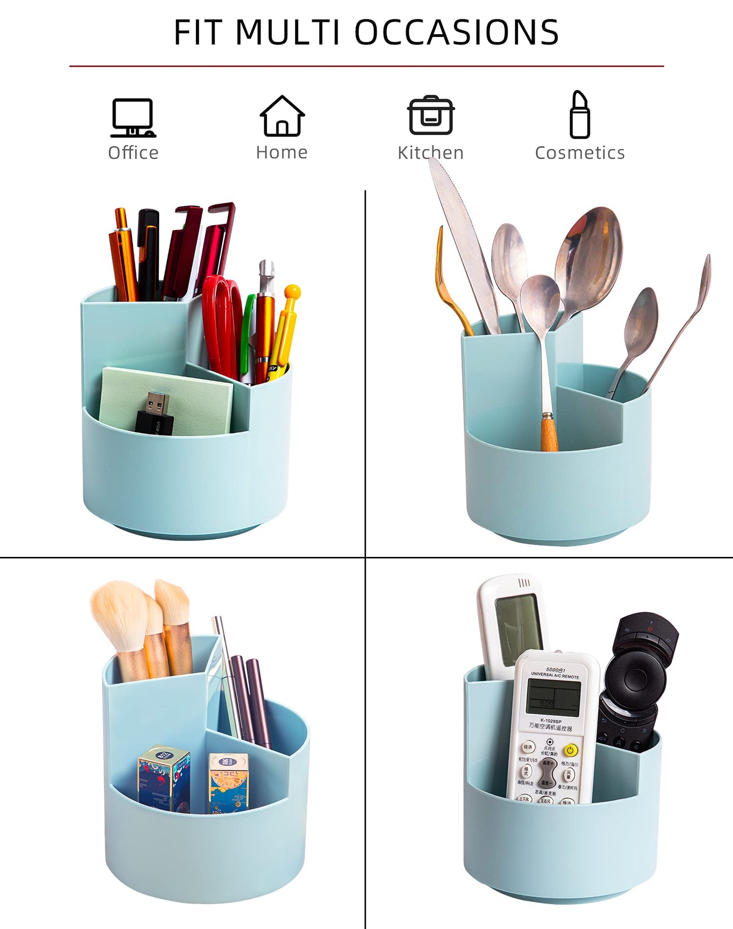 EDENMS Desk Pencil Pen Holder, 3-Slot 360 Spinning Desk Organizer, Cute Pencil Cup Pot for Office, School, Art Supply - Blue