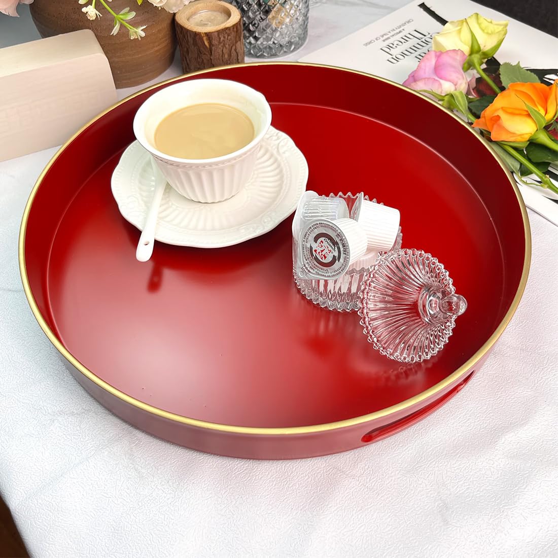 UOEKCS Red Decorative Tray, Serving Tray with Handles, Round Decorative Tray for Coffee Table, 13 Inch Plastic Tray for Ottoman, Living Room, Bathroom, Home Decor.