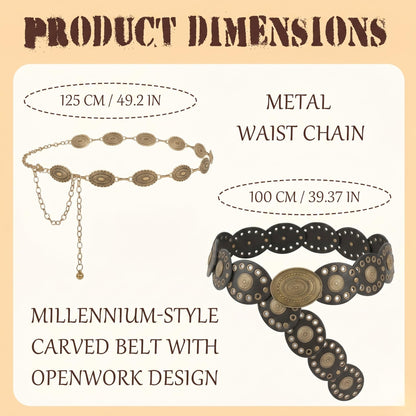 COSUCOS 2 Pcs Boho Belt for Women, Vintage Bohemia Gold Waist Chain Belt and Black Western Cowgirl Cowboy Disc Concho Leather Belt for Dress Jeans Country Concert Outfit