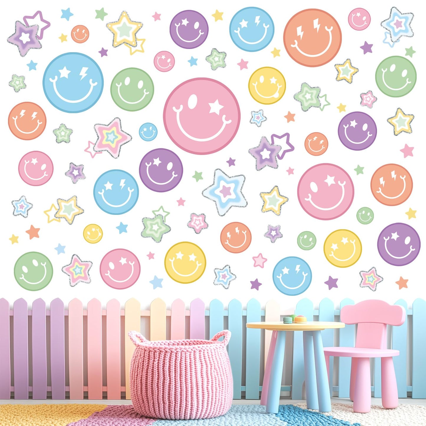 wondever Smile Face Wall Stickers Preppy Colorful Happy Face Star Peel and Stick Wall Art Decals for Party Home Nursery Kids Bedroom