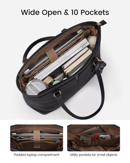 LOVEVOOK Laptop Tote Bag for Women, 17.3 Inch Lightweight Work Computer Bag with Cup Holder, Waterproof Office Briefcase Travel Handbag Purse Gifts for Women Purple-Black