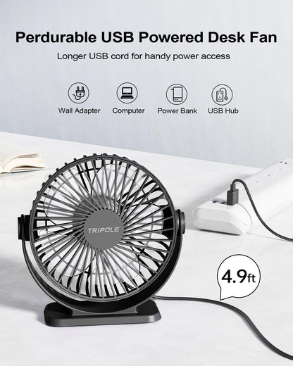 TriPole Small Desk Fan USB Powered Portable Fan 3 Speeds Strong Airflow Mini Fan 360°Rotation Personal Table Fans for Home Office Bedroom Desktop, 5.1 Inch Black, 4.9ft Cable