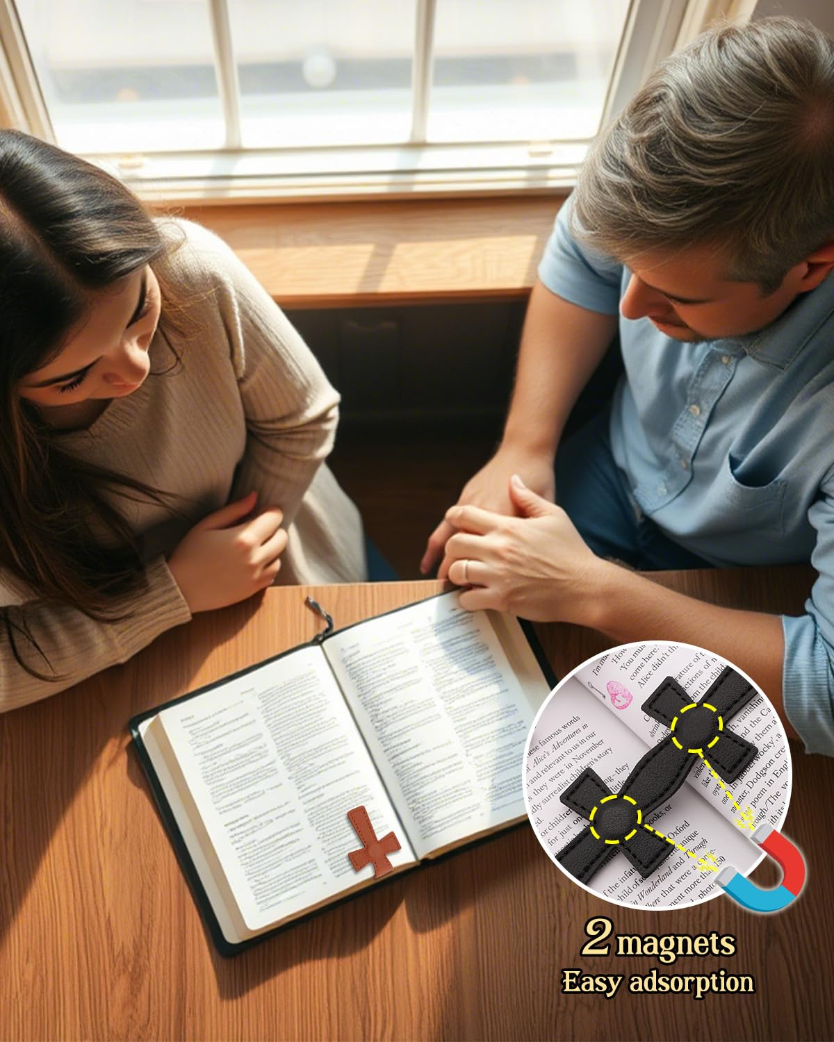 2 Pcs Bible Magnetic Bookmarks - Easter Verse Cross Christian Leather Bookmark for Women & Men, Double-Sided Magnetic Page Clips, Religious Gift for Easter Readers Father's Day Gift (Black+Brown)