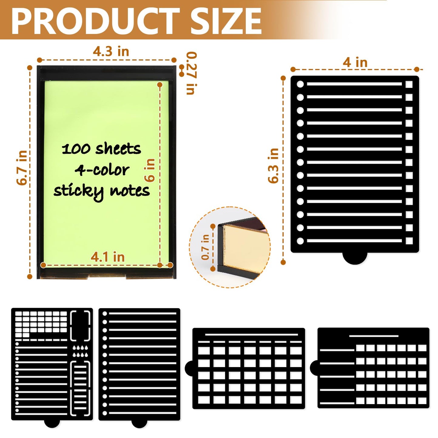 4" x 6" Sticky Notes Stencil and Holder Set with 5 Planner Stencils 100 Sheet Self-Stick Sticky Notes Black Acrylic Post It Note Stencil Holder Memo Organizer for Classroom Office Desk Organizer