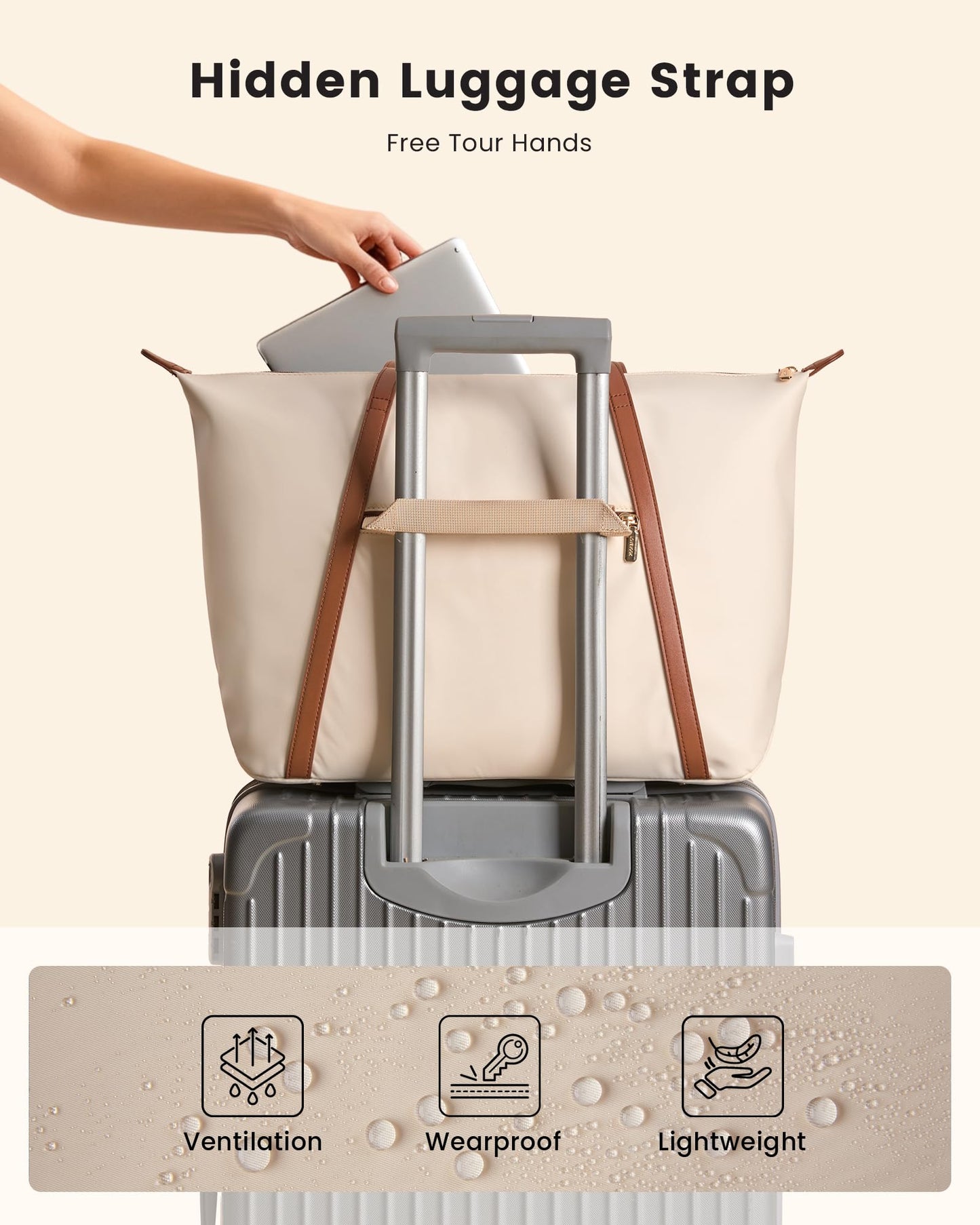 LOVEVOOK Laptop Bag for Women with Large Cup Holder, 15.6 Inch Cute Nylon Work Travel Tote Bags, Waterproof Computer Bag Shoulder Purse, Beige