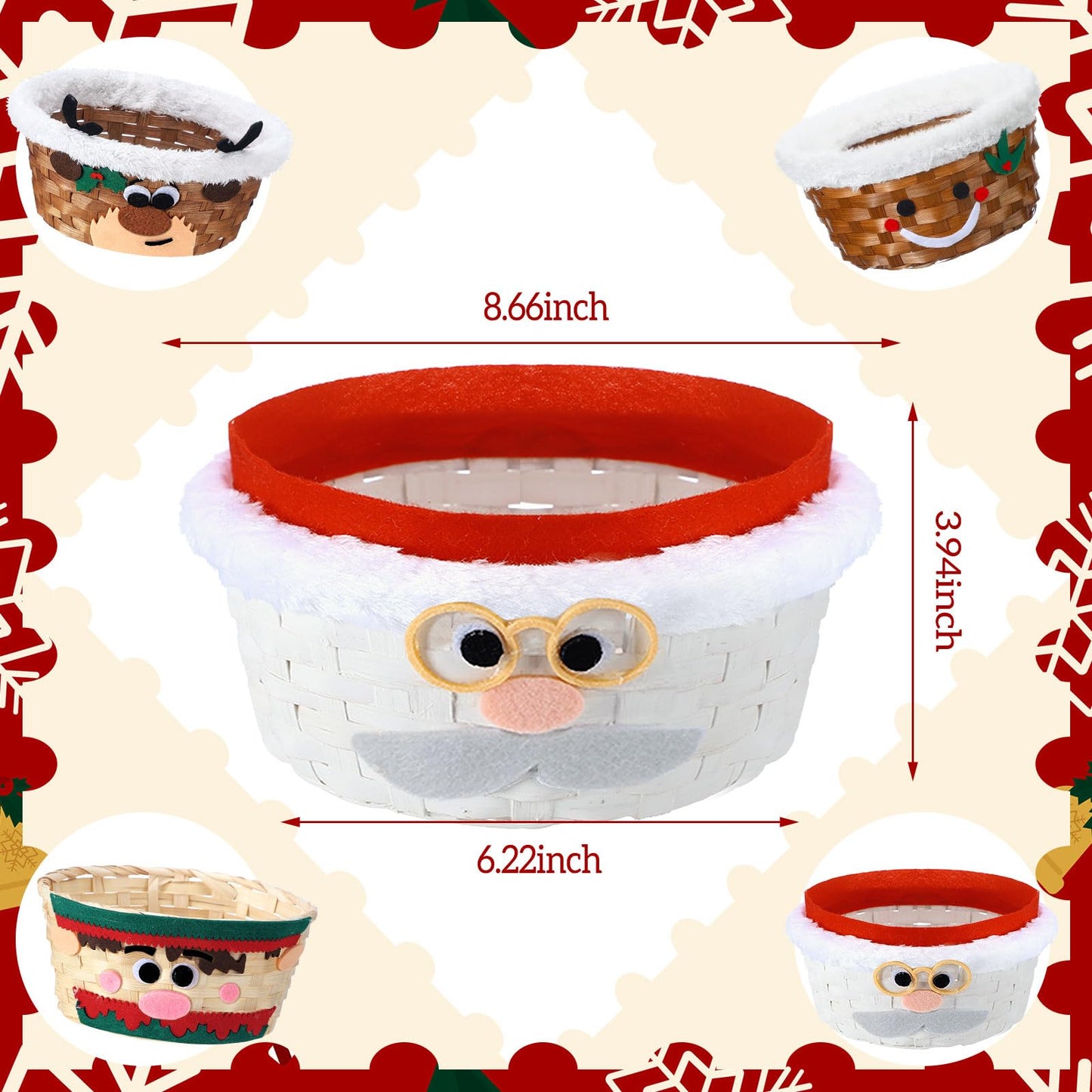 Youyole 4 Pieces Christmas Basket for Gifts Woven Bamboo Xmas Round Gingerbread Basket Small Santa Claus for Christmas Party Supplies Gift Snack Storage (Cute)