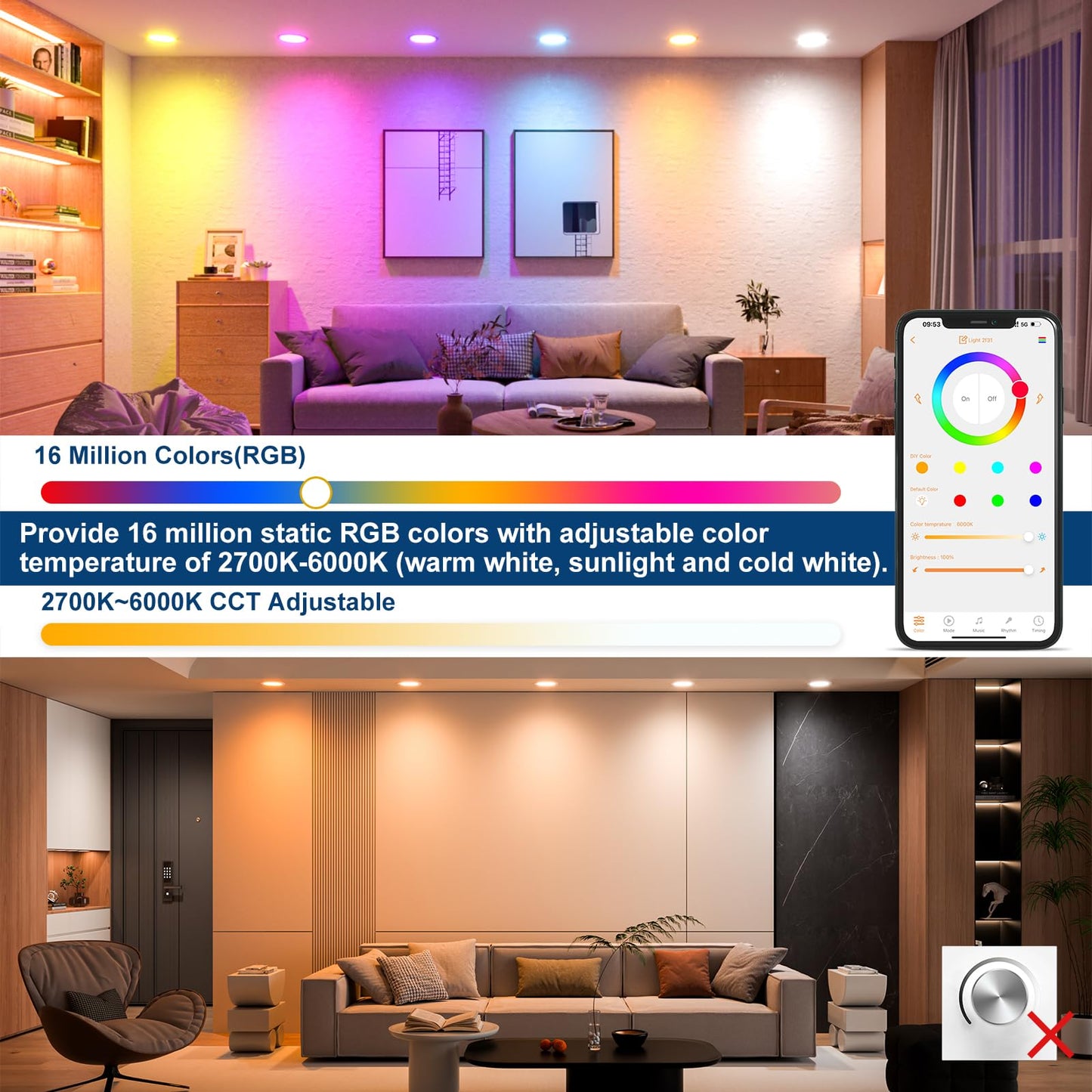 SikSog Smart Recessed Lighting 6 Inch RGBCW Color Changing 16W LED Downlight with Junction Box,1350 Lumen Recessed Ceiling Light Compatible with Alexa,Dimmable by Bluetooth Control -12Pack