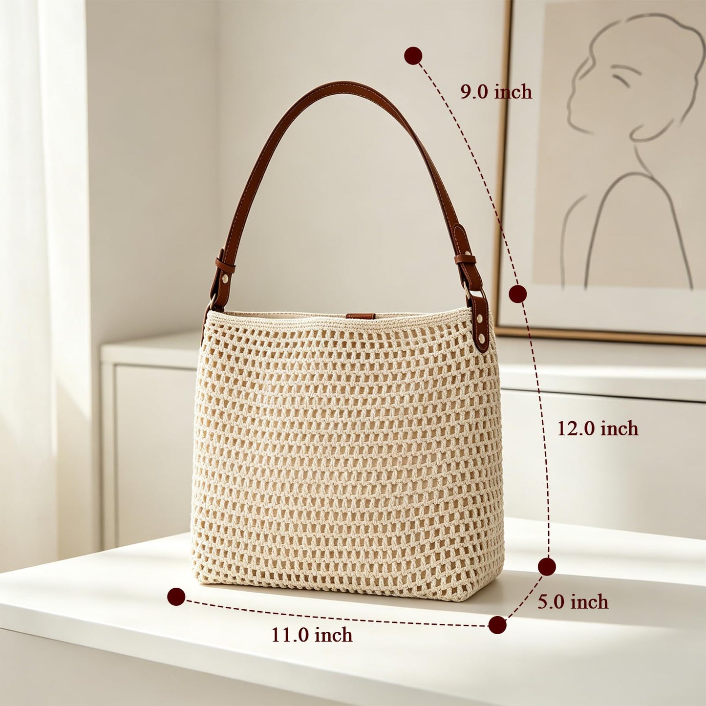 OKoriensuntek Crochet Bag Woven Tote for Women, Cotton Rope Straw Beach Bag with Adjustable Leather Shoulder Strap, Magnetic Snap Summer Bag for Everyday & Travel
