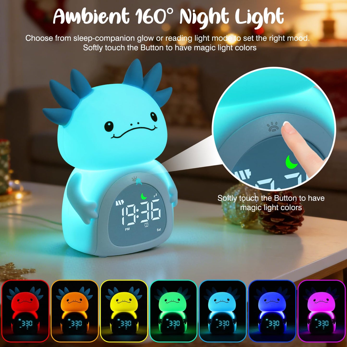 ollycasa Axolotl Alarm Clock for Kids, Rechargeable Ok to Wake Clock with Night Light - BPA-Free Silicone Sleep Training Clock, Cute Toddler Wake Up Clock for Boys Girls Bedroom