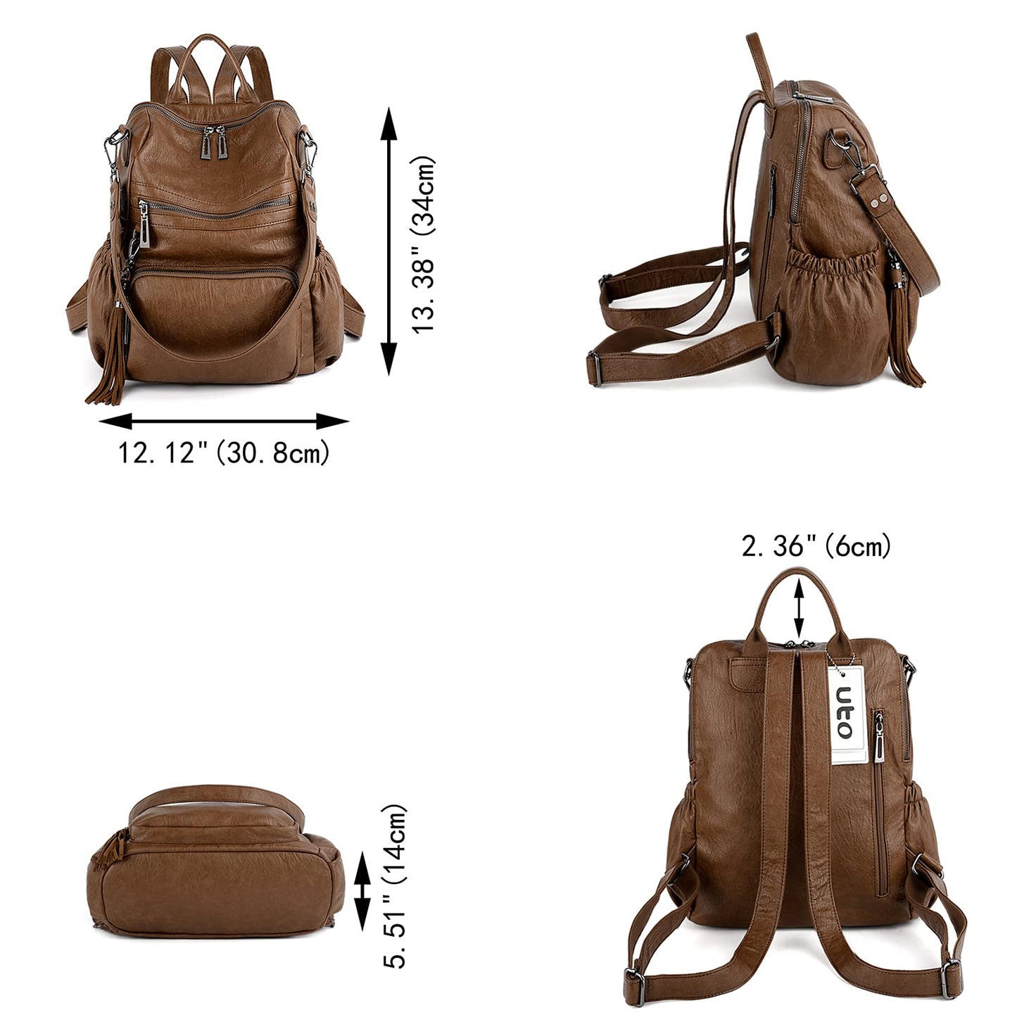 UTO Women Backpack Purse Leather Vegan Ladies Fashion Designer Rucksack Convertible Travel Shoulder Bag with Tassel Brown