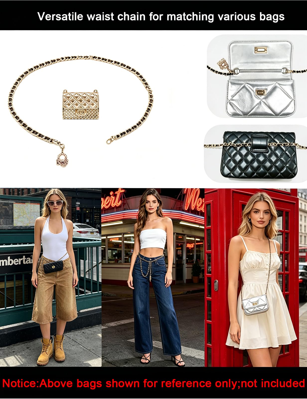 BEMYLV Mini Chain Belt Purse Gold Waist Bag for Women Detachable Fashionable Trendy Fanny Pack for Dresses Jeans