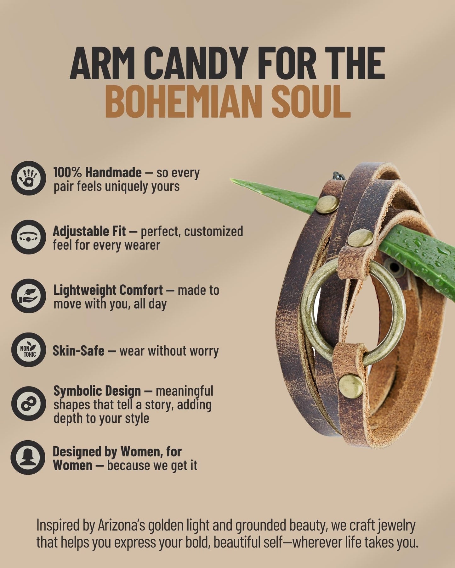 SPUNKYsoul 5 Wrap Leather Circle Bracelet - Adjustable Boho-Inspired Leather Bracelet for Women, Unique Distressed Jewelry with Symbolic Circle, Ideal for Everyday Wear & Gifting (Women's Brown)