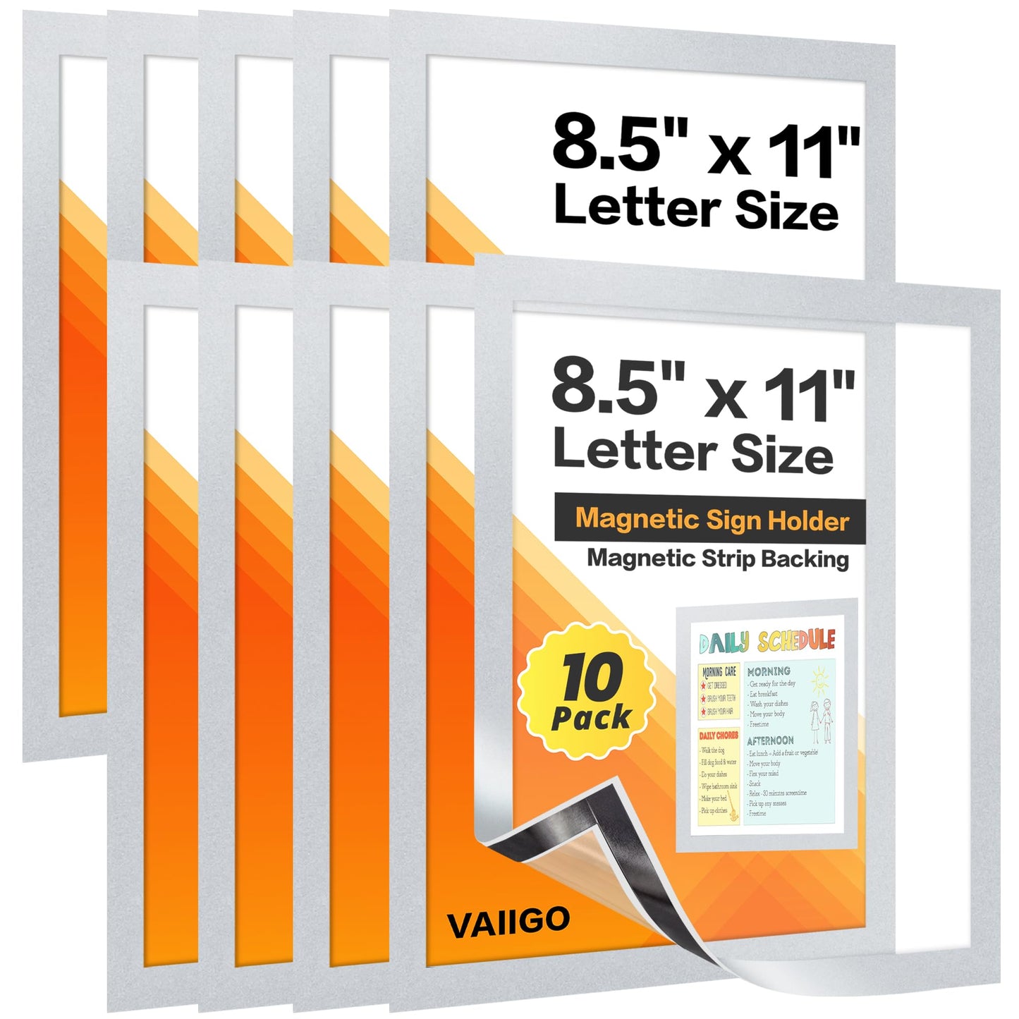 VAIIGO 10Packs Magnetic Frames for Refrigerator & Metal Surfaces - 8.5x11 Magnetic Sign Holder - File/Paper/Document Holder with Photo/Picture/Poster Frame for Commercial/Home Use (Silver)