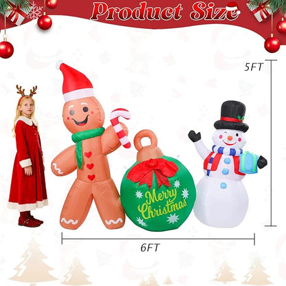 5 FT Christmas Inflatable Outdoor Decorations, Inflatable Snowman and Gingerbread Man with Christmas Ball Built-in LED Lights Blow Up Yard Decorations for Holiday Indoor Outdoor Party Garden Lawn