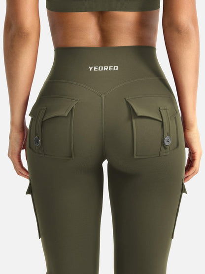 YEOREO CoreFlex Women Workout Flare Leggings with Pockets Hidden Scrunch High Waisted Cargo Gym Yoga No Front Seam Leggings Army Green S
