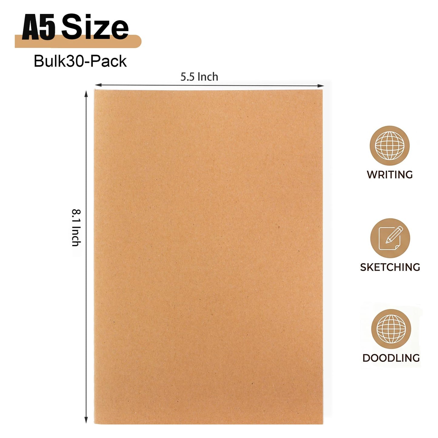 Nicunom 30 Pack A5 Kraft Notebooks, Bulk Blank Journals for Kids, Travel Journal Unlined Sketchbooks Memo Diary Planner for Office Classroom Supplies, 60 Pages, 8.3x5.5 inch