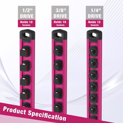 WORKPRO Magnetic Socket Organizer, 1/2-Inch Drive Aluminum Alloy Socket Rail, Heavy Duty Socket Holder, Socket Rack Kit 1/2-Inch x 10 Clips Rose Red(Socket not Included)