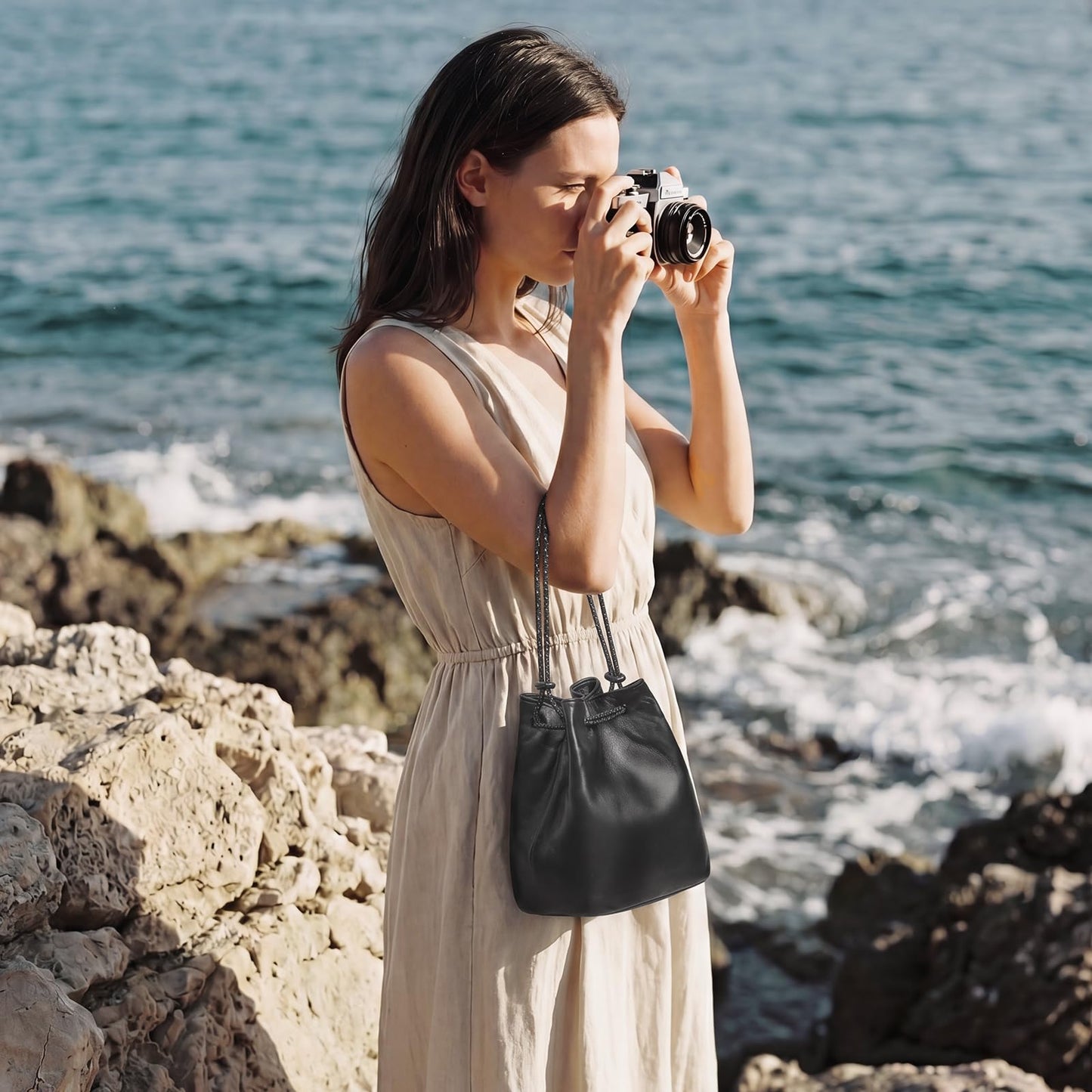 S-ZONE Genuine Leather Camera Bag Soft Camera Pouch DSLR Camera Case Handbag Drawstring Compatible with Mirrorless Cameras Canon Nikon Sony